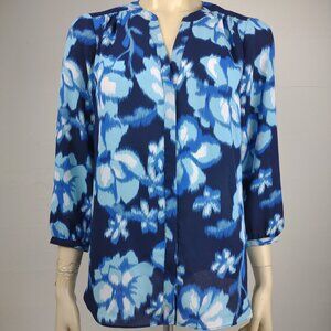 NWT NYDJ blue passion flower floral V-Neck button front blouse top ladies Small